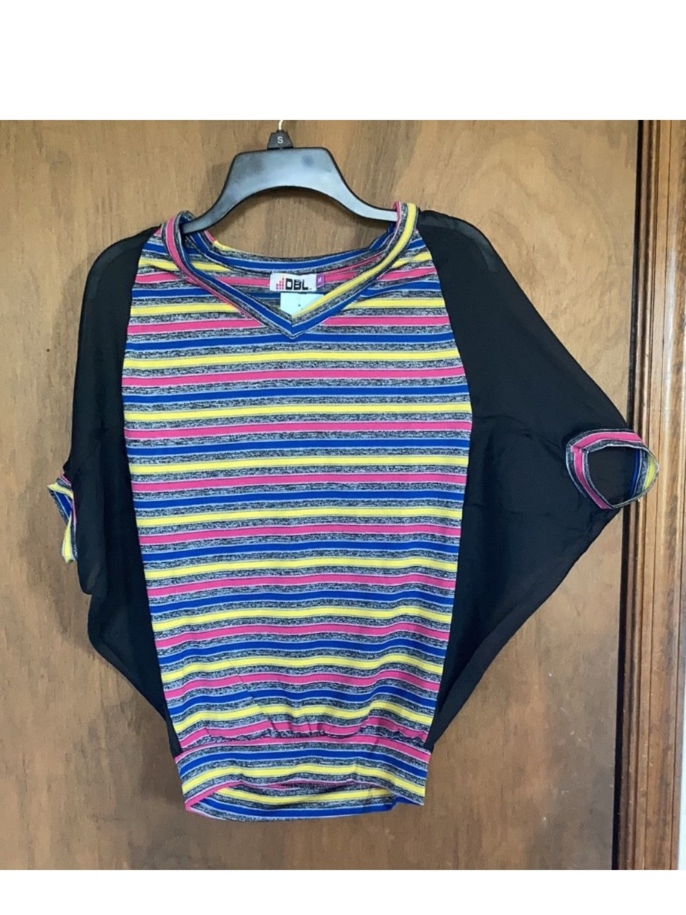 dolman style striped top with black sheer panels retro vibe casual M jr